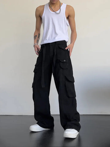 High street retro casual large pocket overalls men's and women's new summer high waist loose straight tube draped wide leg pants Maytrends